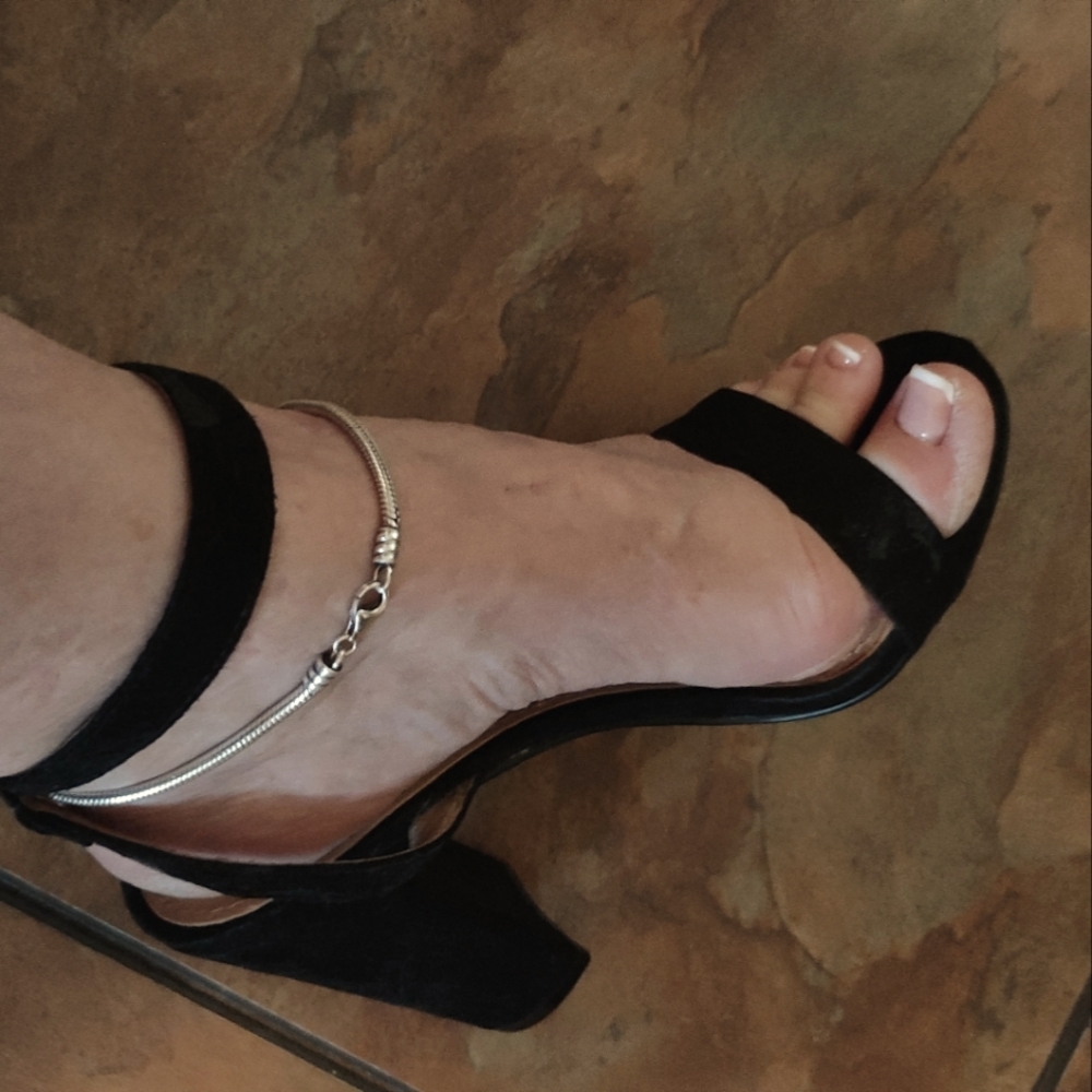 Express black satin heels with ankle strap. Size 6